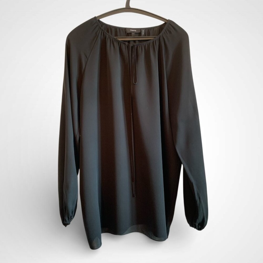 Theory Silk Peasant Gathered Blouse, Black, Size L